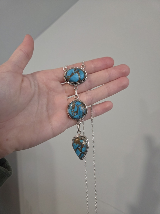Handmade Jewelry - Copper Turquoise Sterling Three-Drop Necklace